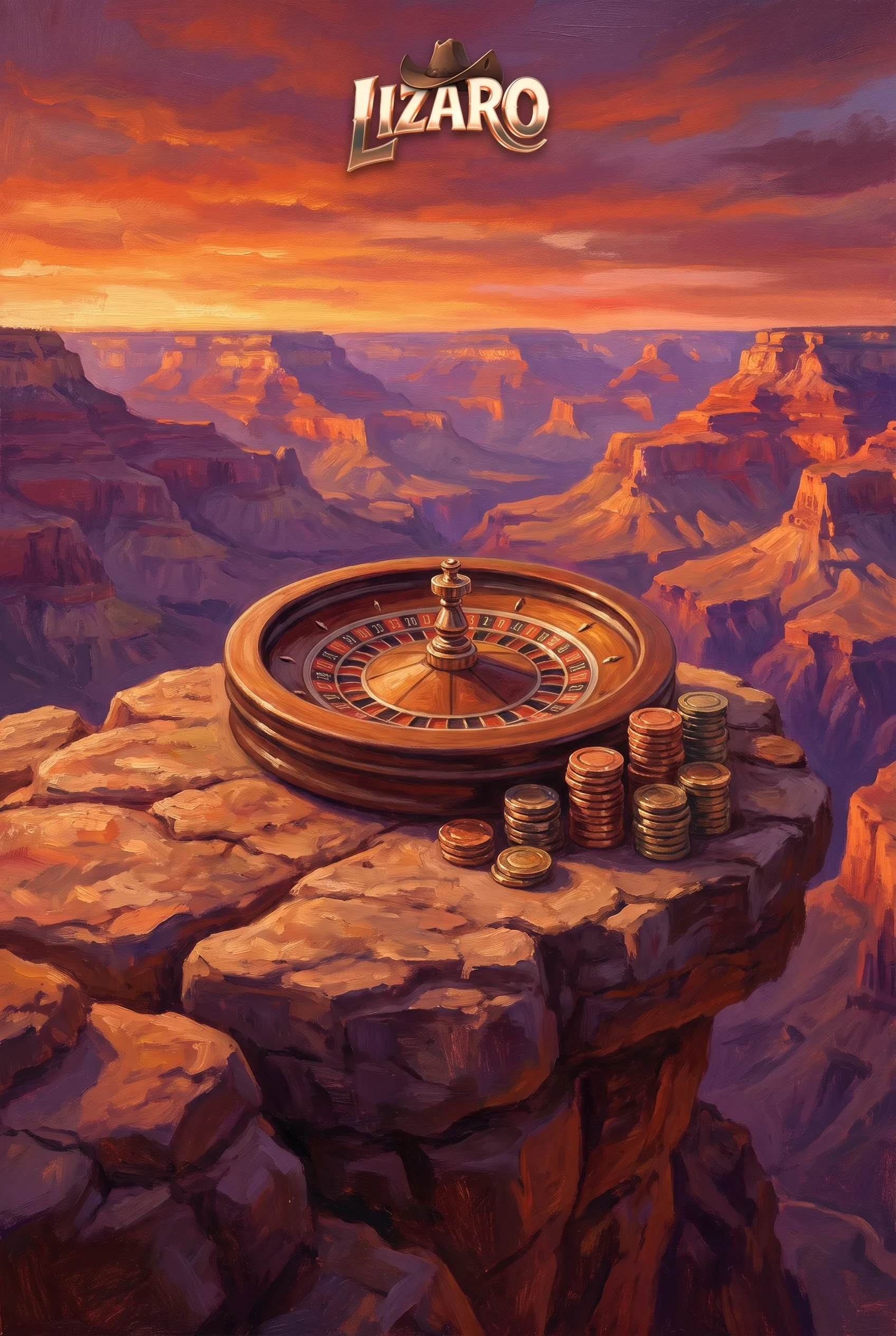 Roulette-Rad und Spielchips vor einem Canyon bei Lizaro