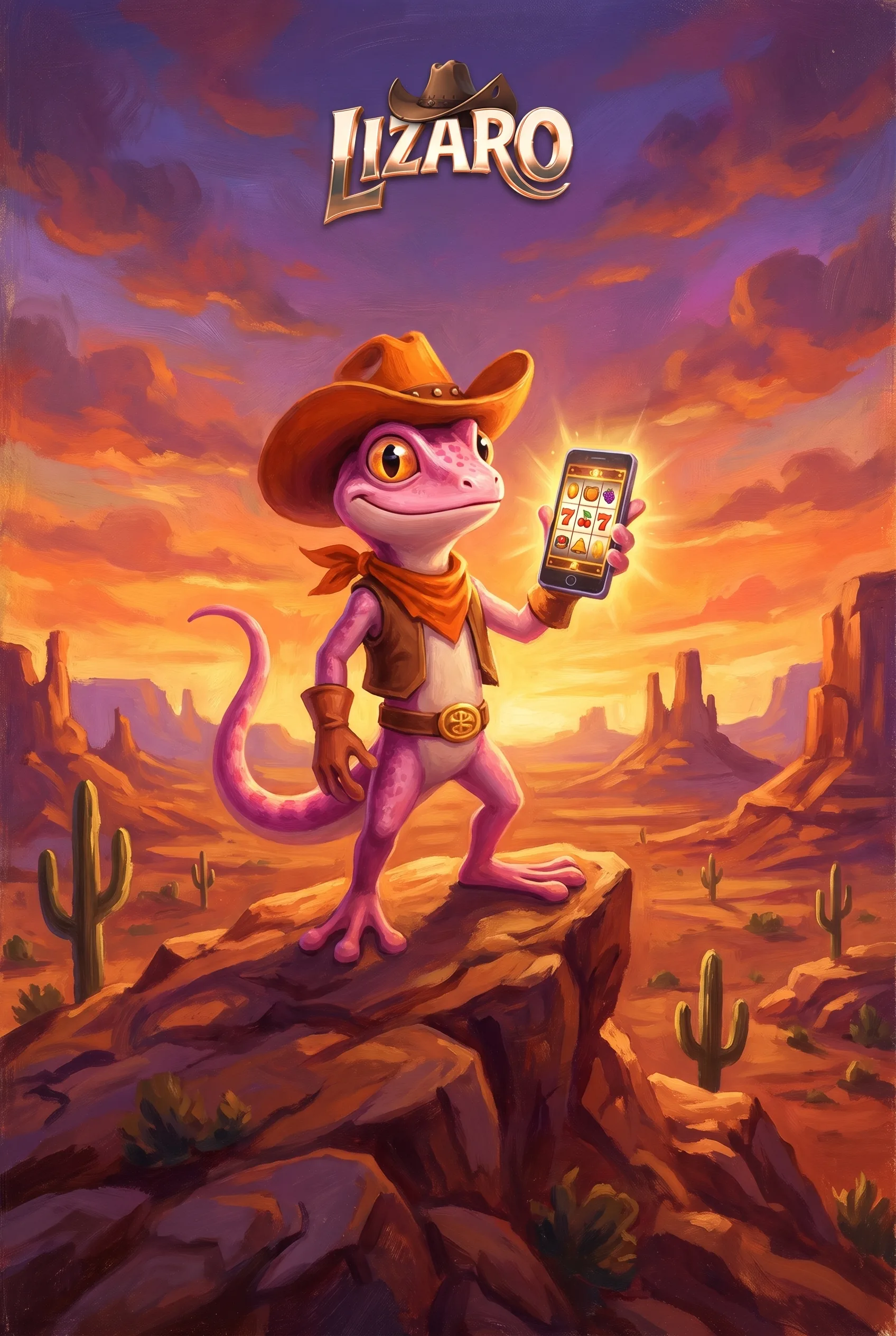 Lizaro-Maskottchen mit einem Smartphone für das Spielen im Browser
